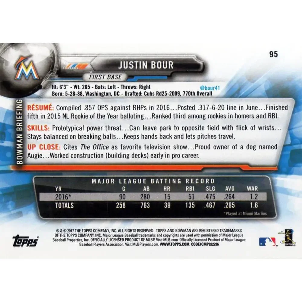 2017 Bowman Justin Bour # 95 Miami Marlins